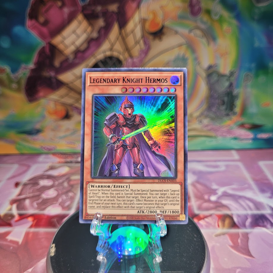 An Ultra Rare Purple "Legendary Knight Hermos" card from the Yugioh Set: Dragons of Legend: The Complete Series (DLCS).