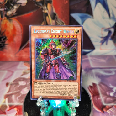 A Secret Rare "Legendary Knight Hermos" card from the Yugioh Set: Dragons of Legend 2 (DRL2).