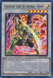 A Super Rare "Legendary Lord Six Samurai - Enishi" card from the Yugioh Set: Rage of the Abyss (ROTA).