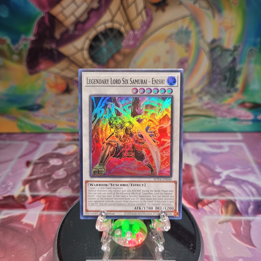 A Super Rare "Legendary Lord Six Samurai - Enishi" card from the Yugioh Set: Rage of the Abyss (ROTA).