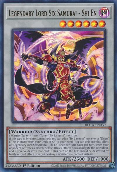 An Ultra Rare "Legendary Lord Six Samurai - Shi En" card from the Yugioh Set: Rage of the Abyss (ROTA).