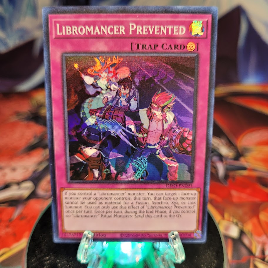  A Super Rare "Libromancer Prevented" card from the Yugioh Set: Dimension Force.