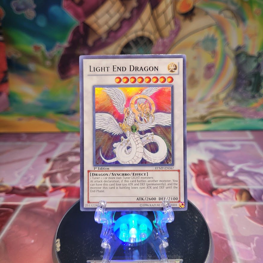 A 1st edition Super Rare "Light End Dragon" card from the Yugioh Set: Ra Yellow Mega Pack.