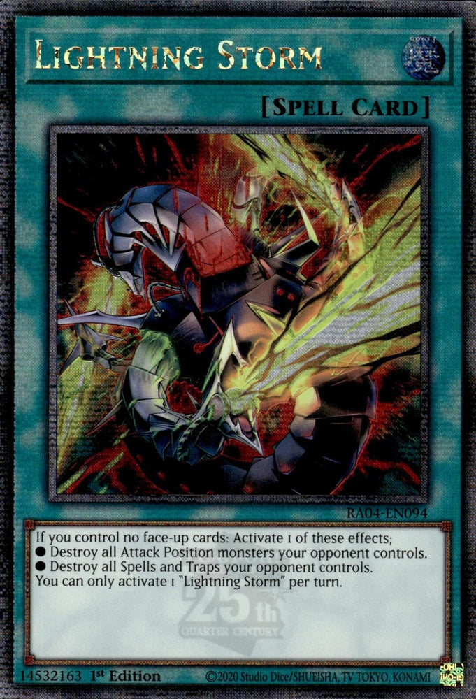 A Quarter Century Secret Rare "Lightning Storm" card from the Yugioh Set: Quarter Century Stampede (RA04).