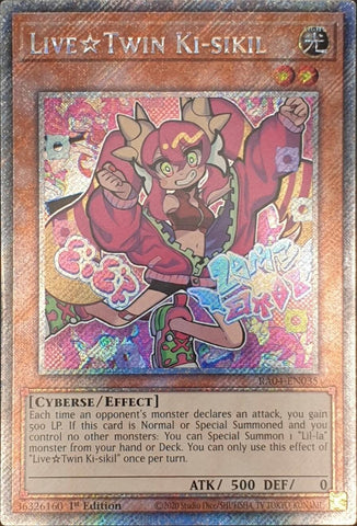 A Platinum Secret Rare "Live Twin Ki-sikil" card from the Yugioh Set: Quarter Century Stampede (RA04).