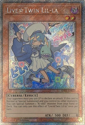 A Platinum Secret Rare "Live Twin Lil-La" card from the Yugioh Set: Quarter Century Stampede (RA04).