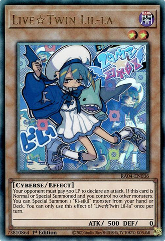A Prismatic Ultimate Rare "Live Twin Lil-La" card from the Yugioh Set: Quarter Century Stampede (RA04).