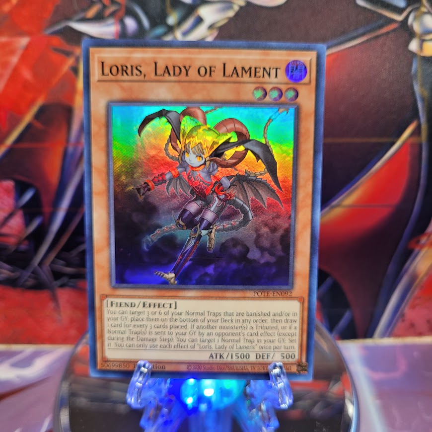 A Super Rare "Loris, Lady of Lament" card from the Yugioh Set: Power of the Elements (POTE).