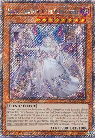 A Platinum Secret Rare "Lovely Labrynth of the Silver Castle" card from the Yugioh Set: Quarter Century Stampede (RA04).
