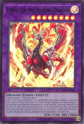 An Ultra Rare "Lubellion the Searing Dragon" card from the Yugioh Structure Deck: The Fallen & The Virtuous (CH01).