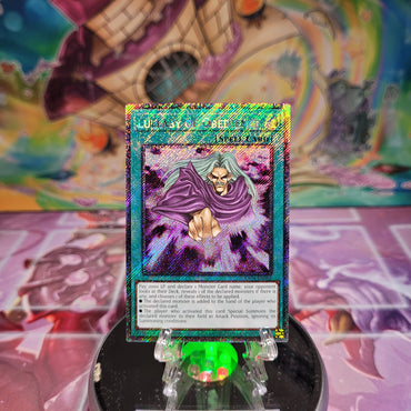 A Platinum Secret Rare "Lullaby of Obedience" card from the Yugioh Set: Quarter Century Stampede (RA04).