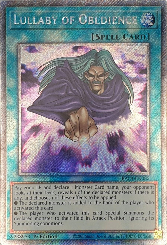 A Platinum Secret Rare "Lullaby of Obedience" card from the Yugioh Set: Quarter Century Stampede (RA04).