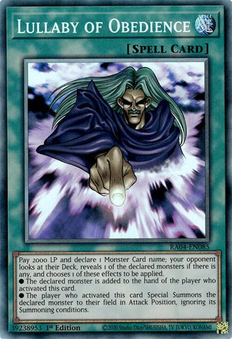 A Prismatic Collector's Rare "Lullaby of Obedience" card from the Yugioh Set: Quarter Century Stampede (RA04).