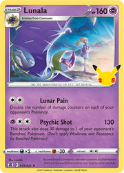 A Holo Rare "Lunala" (015/025) card from the Pokemon Set: Sword & Shield: Celebrations.