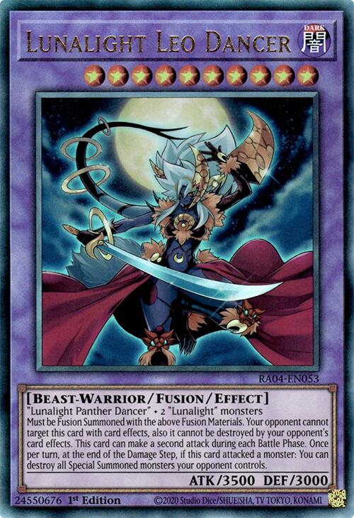 A Prismatic Ultimate Rare "Lunalight Leo Dancer" card from the Yugioh Set: Quarter Century Stampede (RA04).