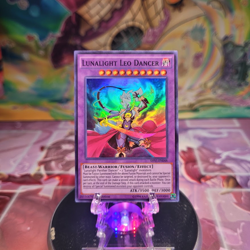 A 1st edition Super Rare "Lunalight Leo Dancer" card from the Yugioh Set: Shining Victories.