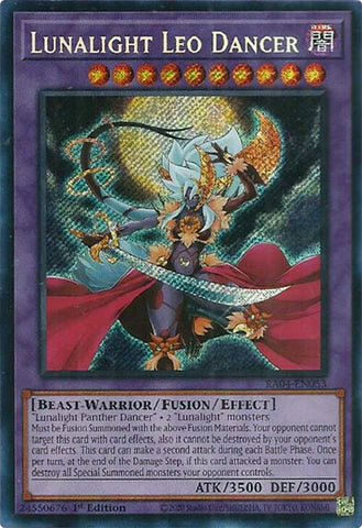 A Secret Rare "Lunalight Leo Dancer" card from the Yugioh Set: Quarter Century Stampede (RA04).