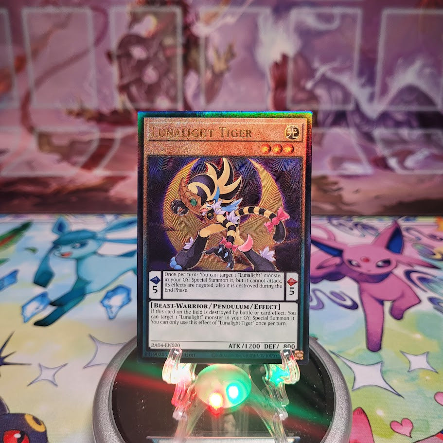 A Prismatic Ultimate Rare "Lunalight Tiger" card from the Yugioh Set: Quarter Century Stampede (RA04).