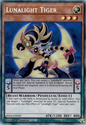 A Prismatic Collector's Rare "Lunalight Tiger" card from the Yugioh Set: Quarter Century Stampede (RA04).