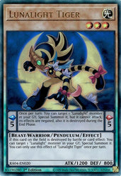 A Prismatic Ultimate Rare "Lunalight Tiger" card from the Yugioh Set: Quarter Century Stampede (RA04).