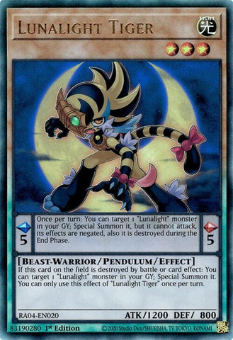 A Prismatic Ultimate Rare "Lunalight Tiger" card from the Yugioh Set: Quarter Century Stampede (RA04).