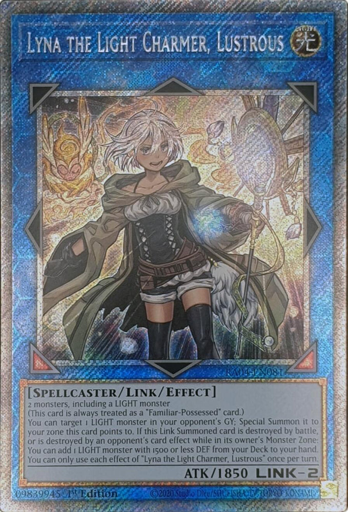 A Platinum Secret Rare "Lyna the Light Charmer, Lustrous" card from the Yugioh Set: Quarter Century Stampede (RA04).