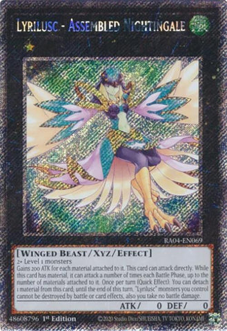 A Platinum Secret Rare "Lyrilusc - Assembled Nightingale" card from the Yugioh Set: Quarter Century Stampede (RA04).