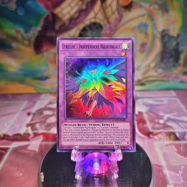 An Unlimited Edition Super Rare "Lyrilusc - Independent Nightingale" card from the Yugioh Set: Maximum Crisis: Special Edition.