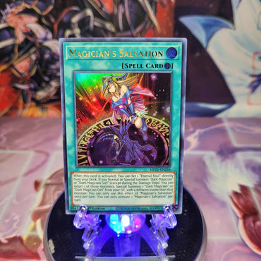 An Ultra Rare "Magician's Salvation" card from the Yugioh 2021 Tin of Ancient Batttles Set.