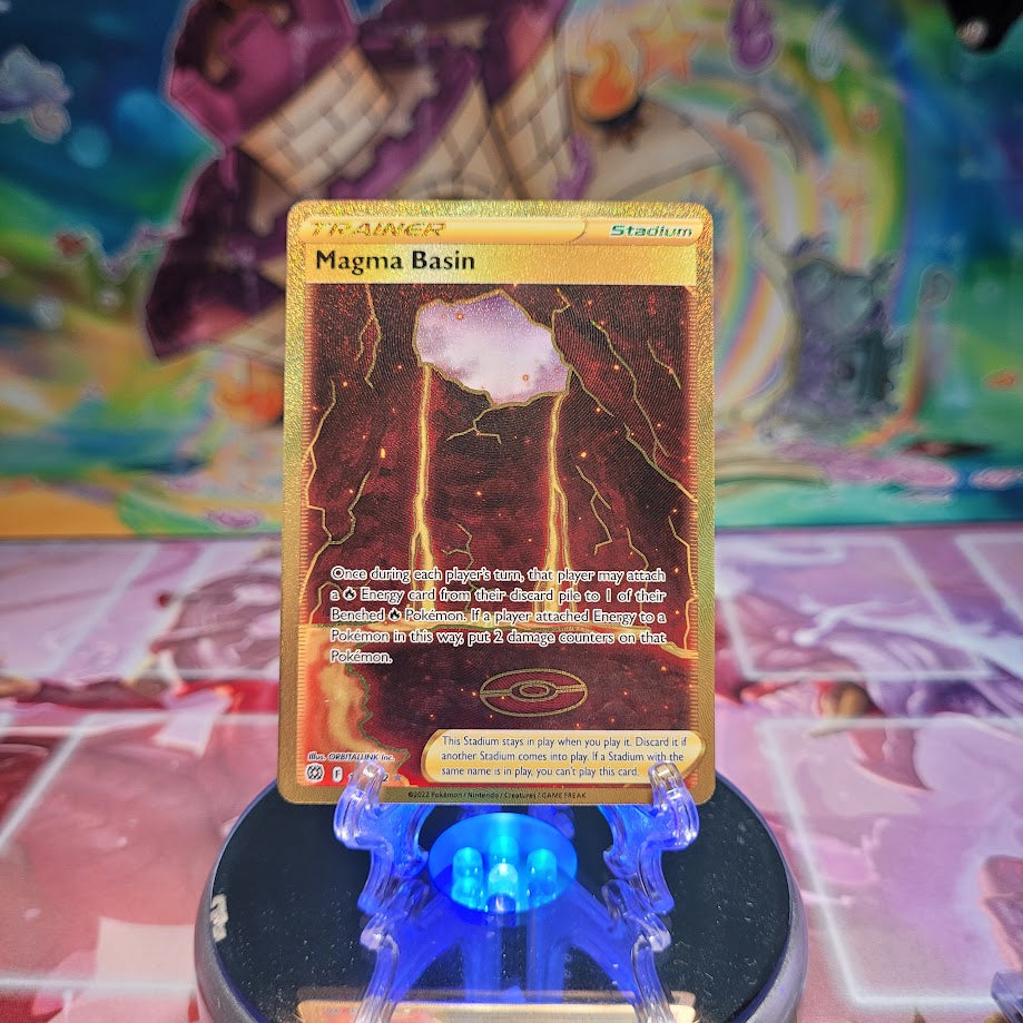 A Secret Rare "Magma Basin" (185/172) card from the Pokemon Set: Brilliant Stars.