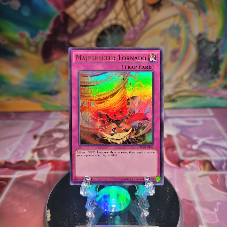 A 1st Edition Ultra Rare "Majespecter Tornado" card from the 2016 Yugioh Mega-Tins: Mega Pack.