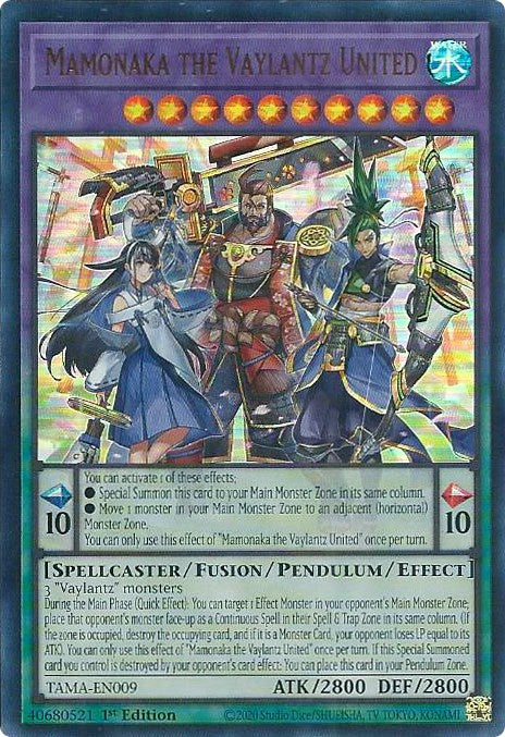 An Ultra Rare "Mamonaka the Vaylantz United" card from the Yugioh Set: Tactical Masters (TAMA).