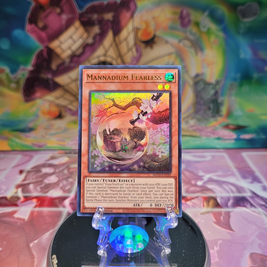 An Ultra Rare "Mannadium Fearless" card from the Yugioh Set: 25th Anniversary Tin: Dueling Mirrors.