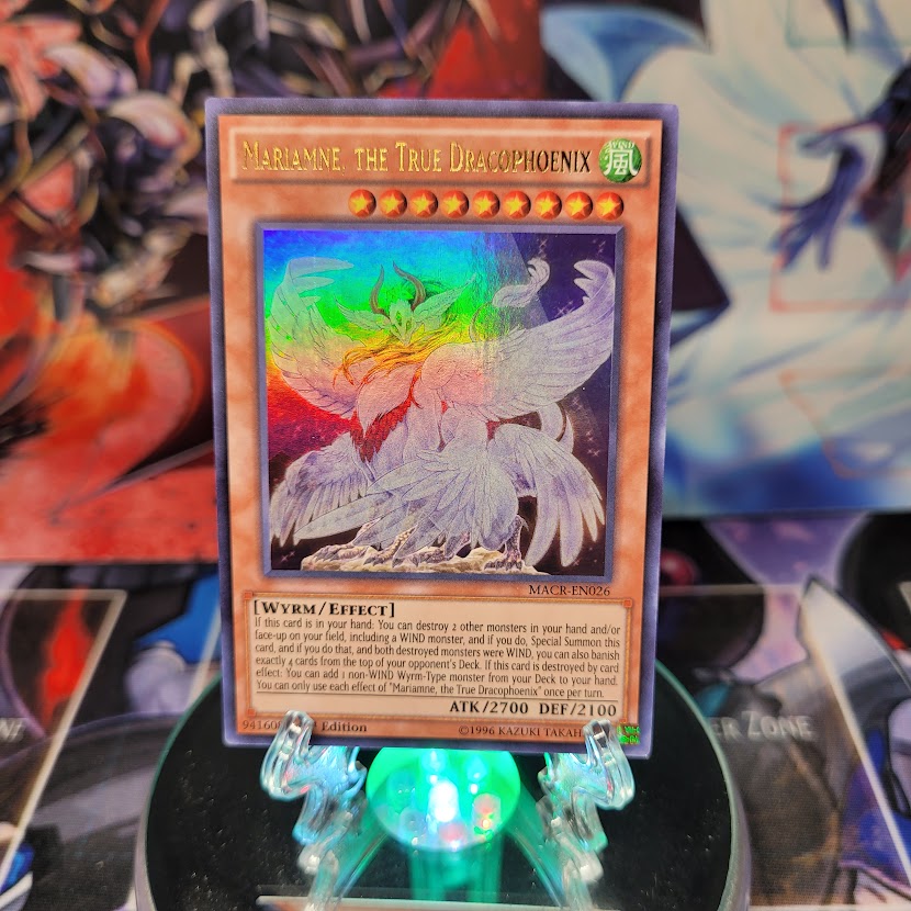 An Ultra Rare "Mariamne, the True Dracophoenix" card from the Yugioh Set: Maximum Crisis.