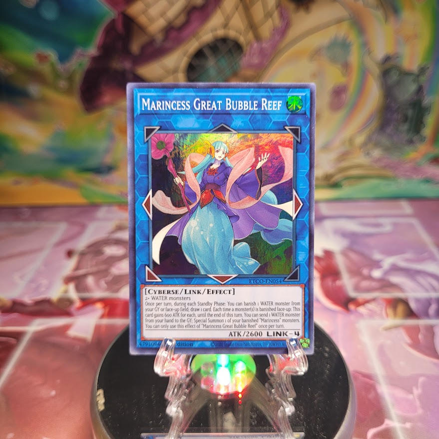 A 1st Edition Super Rare "Marincess Great Bubble Reef" card from the Yugioh Set: Eternity Code.