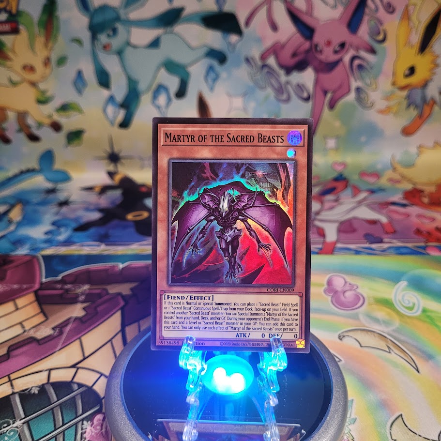 A Super Rare “Martyr of the Sacred Beasts” card from the Yugioh Set: Chaos Origins (CORI).