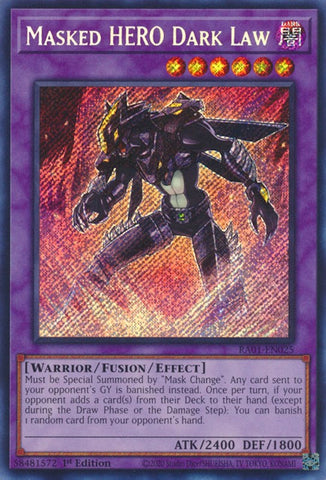 A Secret Rare "Masked Hero Dark Law" card from the Yugioh Set: Rarity Collection 1 (RA01).