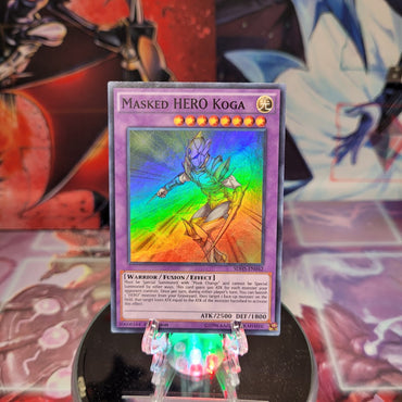 A Super Rare "Masked Hero Koga" card from the Yugioh Structure Deck: Hero Strike.