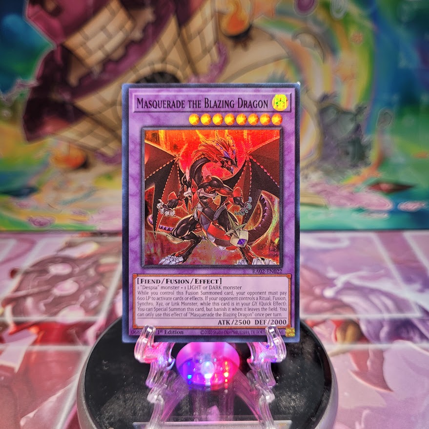 A Super Rare "Masquerade the Blazing Dragon card from the Yugioh Set: Rarity Collection 2 (RA02).