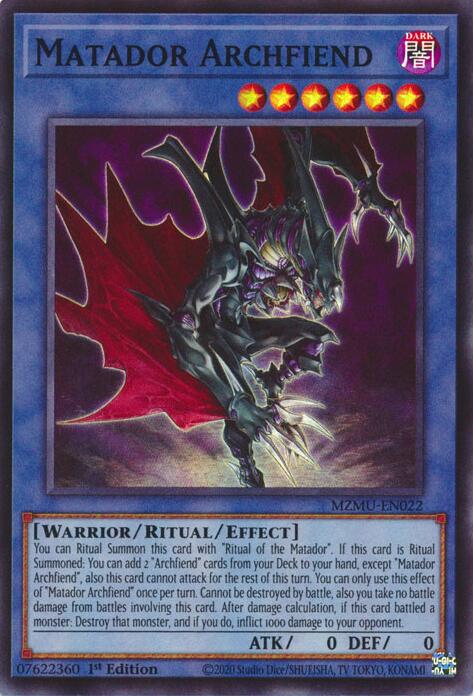 A Super Rare "Matador Archfiend" card from the Yugioh Set: Maze of Muertos (MZMU).