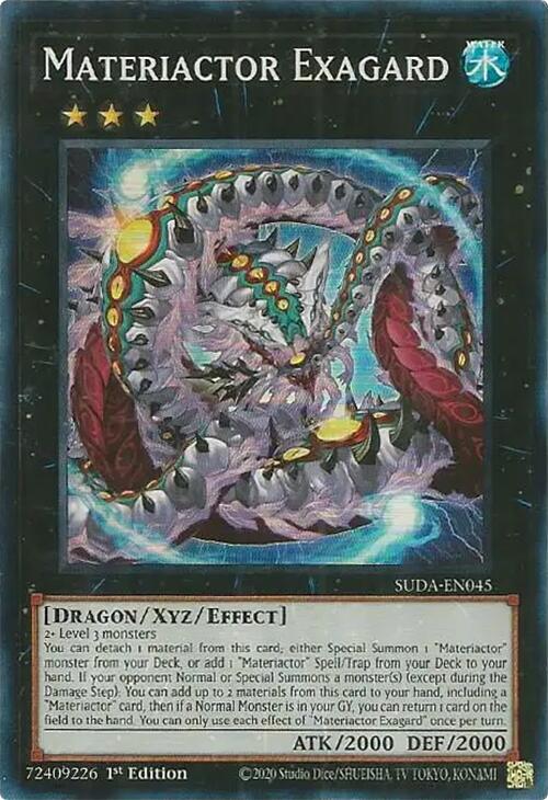 A Super Rare "Materiactor Exagard" card from the Yugioh Set: Supreme Darkness (SUDA).
