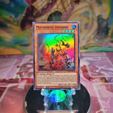 A 1st Edition Super Rare "Mathmech Division" card from the Yugioh Set: Mystic Fighters.