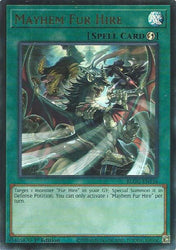 An Ultra Rare "Mayhem Fur Hire" card from the Yugioh Set: Battles of Legend: Glorious Gallery (BLGG).