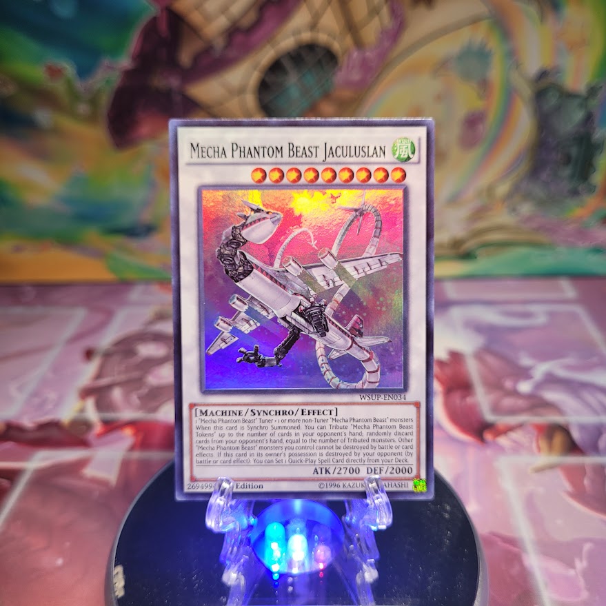 A Super Rare "Mecha Phantom Beast Jaculuslan" card from the Yugioh Set: World Superstars.