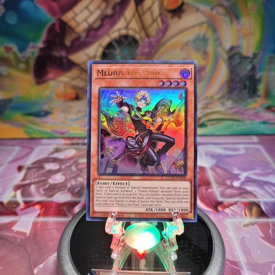 An Ultra Rare "Medius the Pure" card from the Yugioh Set: Duelist's Advance (DUAD).