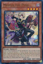 An Ultra Rare "Medius the Pure" card from the Yugioh Set: Duelist's Advance (DUAD).