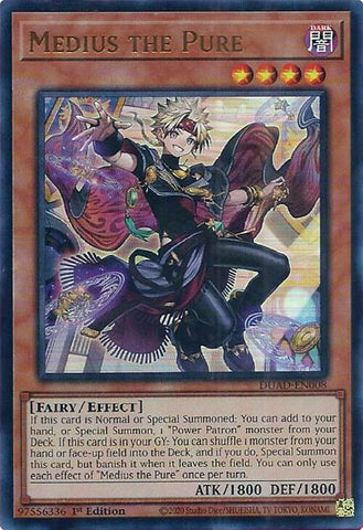 An Ultra Rare "Medius the Pure" card from the Yugioh Set: Duelist's Advance (DUAD).