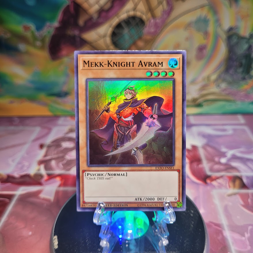 A Super Rare "Mekk-Knight Avram" Promo Card from the Yugioh Set: Extreme Force: Special Edition.