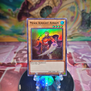 A Super Rare "Mekk-Knight Avram" Promo Card from the Yugioh Set: Extreme Force: Special Edition.