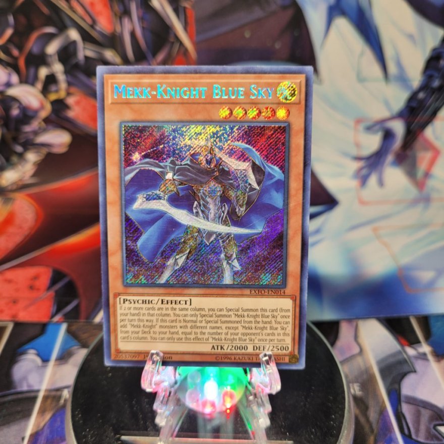 A Secret Rare "Mekk-Knight Blue Sky" card from the Yugioh Set: Extreme Force.